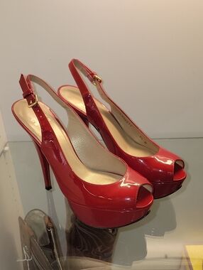 Stuart Weitzman Red Patent Peep-Toe Slingback Platform Heels